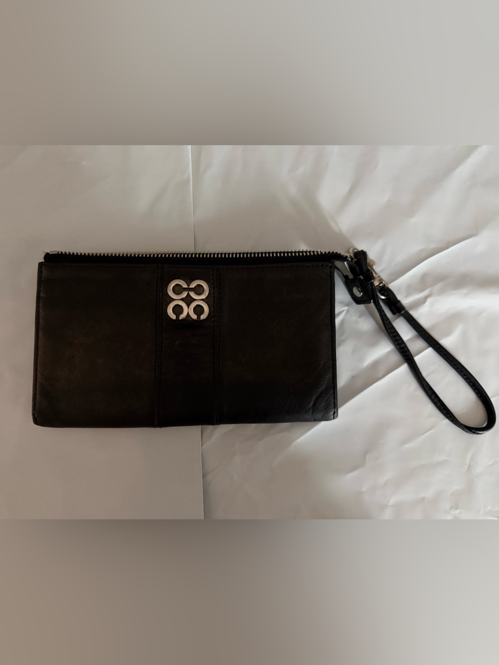 Coach Black Leather Wristlet Clutch with Silver Logo
